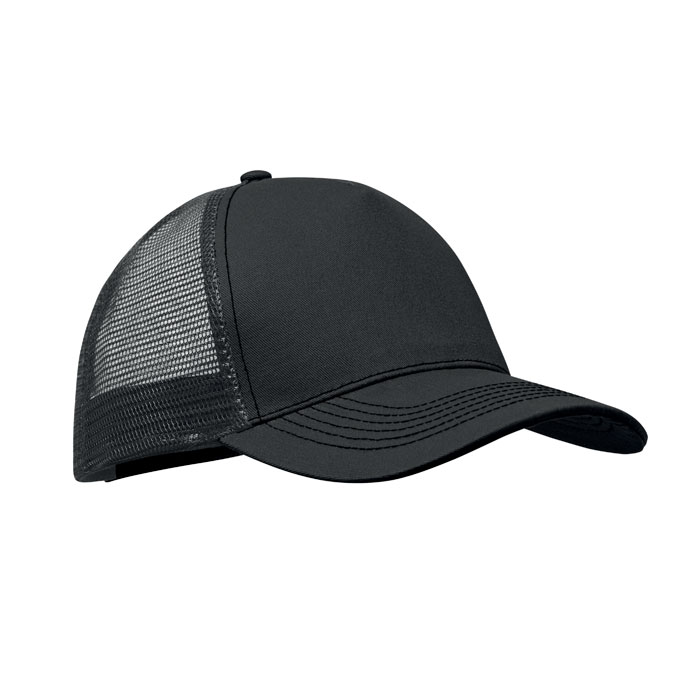 5 panel trucker cap with front panel and visor in 250 gr/m² cotton, back mesh in polyester, hook and loop closure — Clothing you can personalise with your logo
