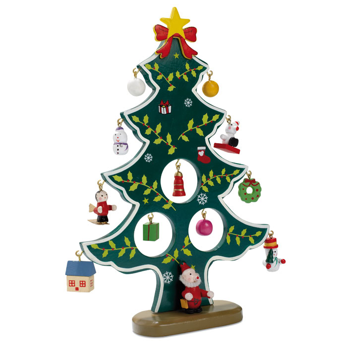Albero di Natale in legno con 12 differenti decorazioni — gadget promozionale personalizzabile con il tuo logo
