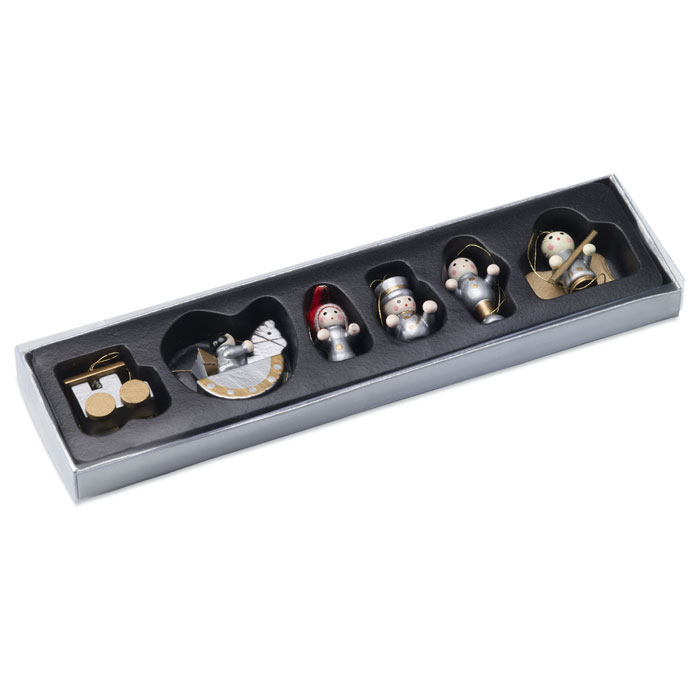 Set 6 decorazioni natalizie in legno in confezione di cartone con coperchio trasparente — gadget promozionale personalizzabile con il tuo logo