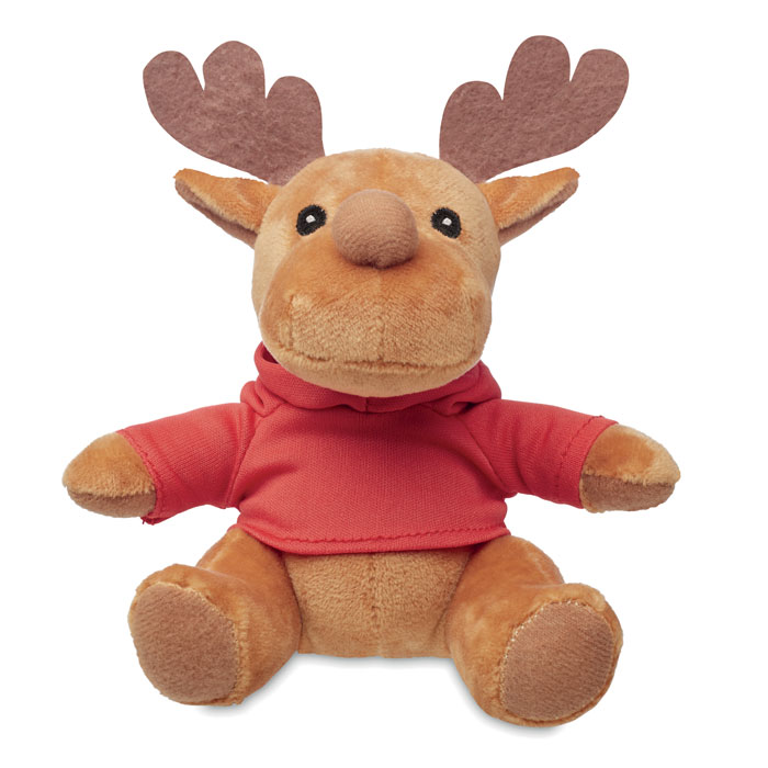 Peluche a forma di renna con maglione removibile — gadget promozionale personalizzabile con il tuo logo