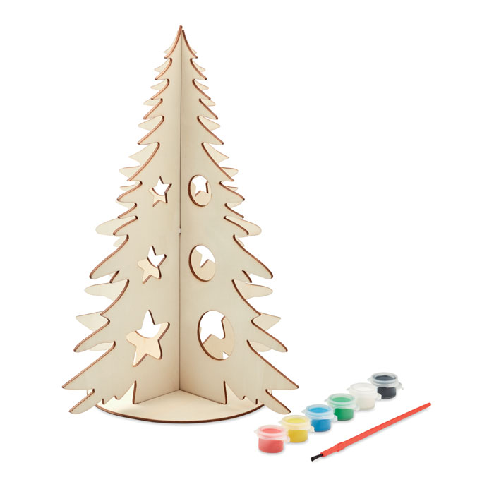 Albero di Natale fai da te in legno, include 6 colori ad acqua e pennello — gadget promozionale personalizzabile con il tuo logo