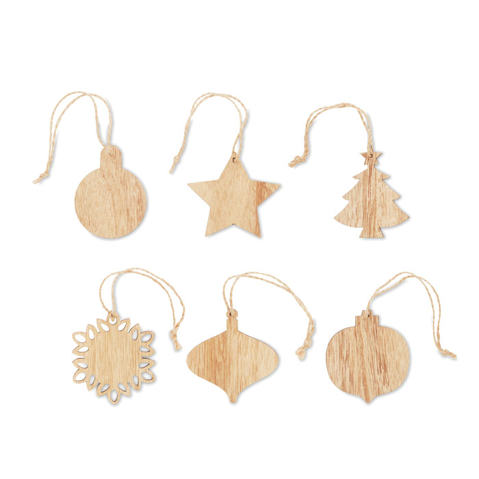 Set di 6 decorazioni natalizie in legno di faggio con corda di juta — gadget promozionale personalizzabile con il tuo logo