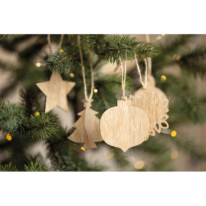 Set di 6 decorazioni natalizie in legno di faggio con corda di juta