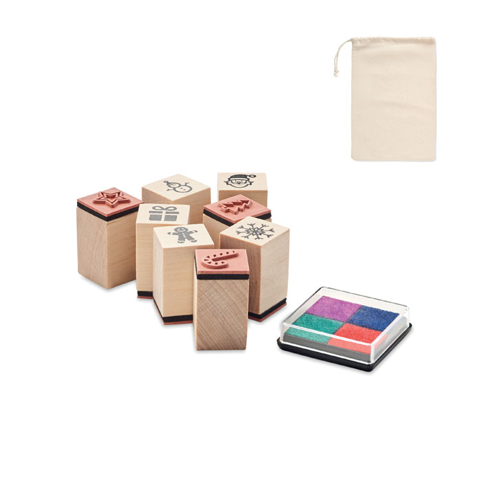 Set di 8 timbri natalizi in legno in sacchetto di cotone con coulisse — gadget promozionale personalizzabile con il tuo logo