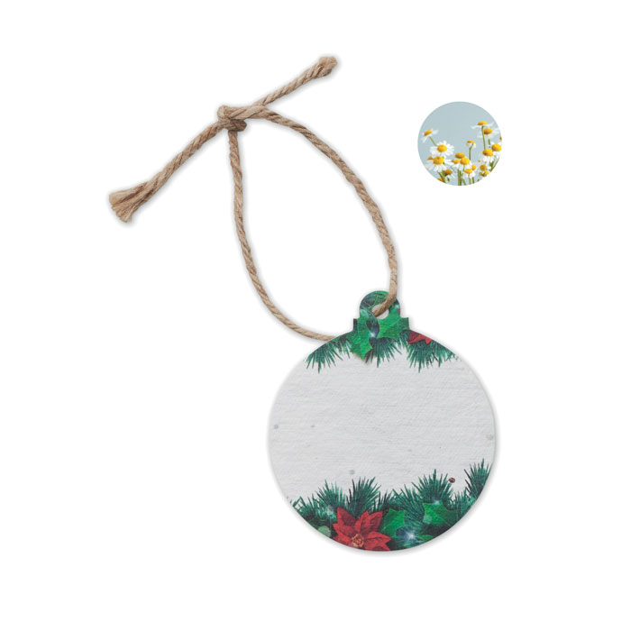 Decorazione natalizia in carta con semi di fiori cdi campo, con corda di juta, a forma tonda — gadget promozionale personalizzabile con il tuo logo