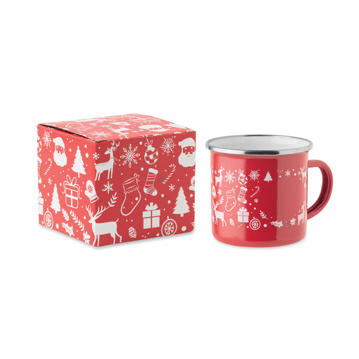 Tazza natalizia in metallo con strato di smalto — gadget promozionale personalizzabile con il tuo logo