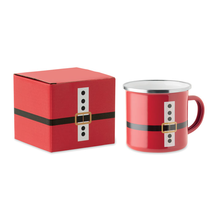 Tazza di Babbo Natale in metallo con strato di smalto — gadget promozionale personalizzabile con il tuo logo