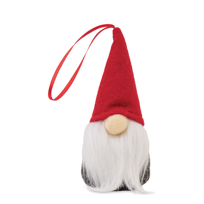 Decorazione a forma di gnomo in feltro con barba in poliestere e imbottitura in cotone — gadget promozionale personalizzabile con il tuo logo