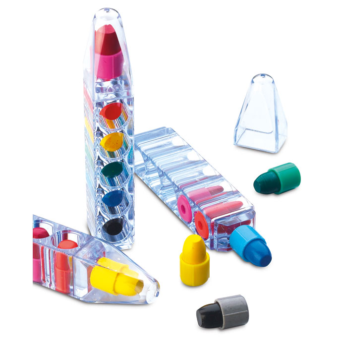Set 6 pastelli a cera in contenitore trasparente a forma di penna — gadget promozionale personalizzabile con il tuo logo