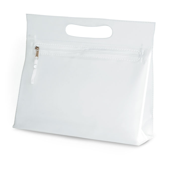 Portatrucchi in PVC con chiusura a zip e manico — gadget promozionale personalizzabile con il tuo logo