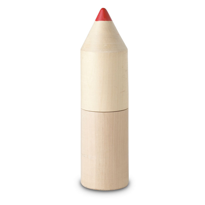 Set 12 matite in legno in confezione di legno a forma di matita — gadget promozionale personalizzabile con il tuo logo