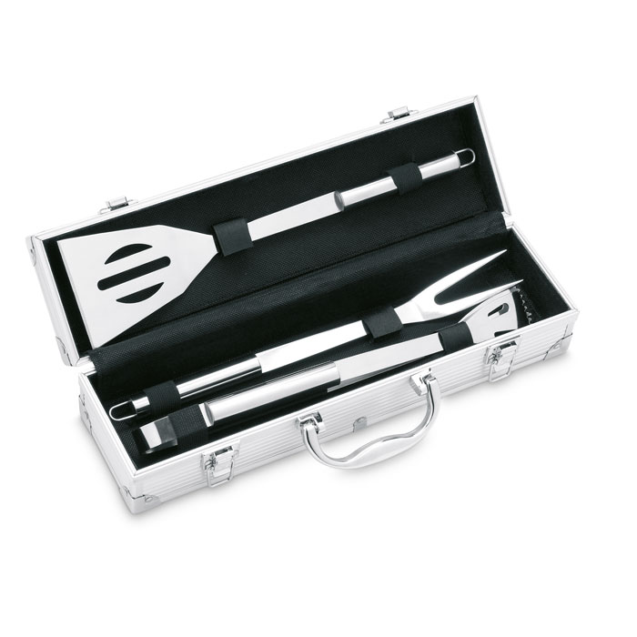 Valigetta con 3 strumenti BBQ — gadget promozionale personalizzabile con il tuo logo