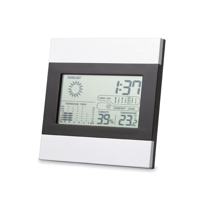 Stazione meteo con orologio, calendario, umidità e temperatura — gadget promozionale personalizzabile con il tuo logo