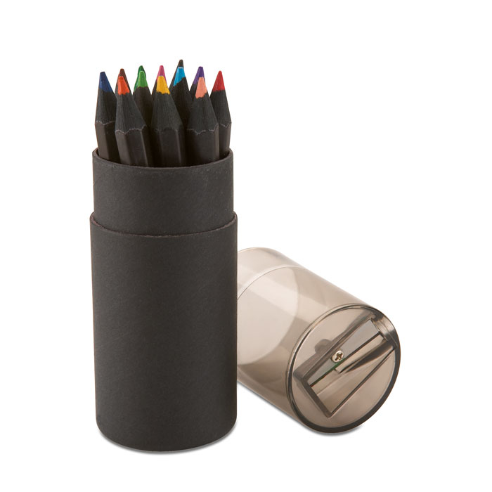 Set 12 matite colorate in confezione cilindrica di cartone e coperchio in plastica con temperino — Bambini e giochi personalizzabile con il tuo logo