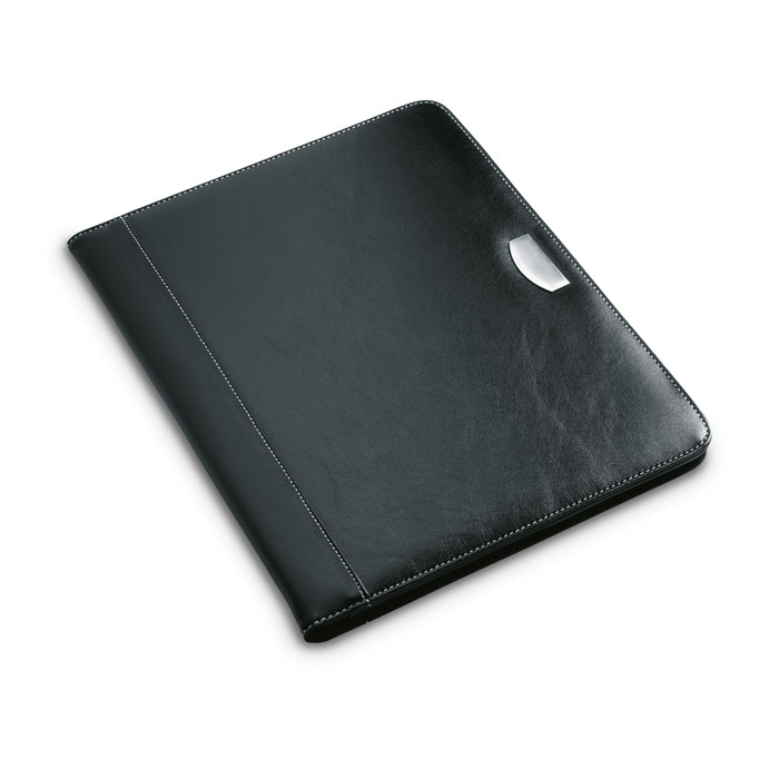 Portadocumenti A4 con placca in metallo e blocnotes da 20 fogli incluso — gadget promozionale personalizzabile con il tuo logo