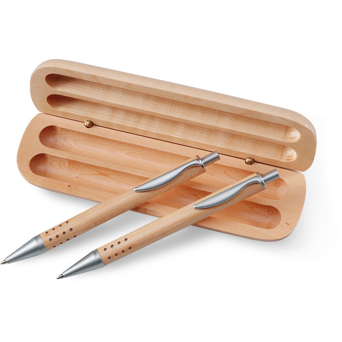 Set penna a sfera e matita con meccanismo a scatto in confezione di legno — gadget promozionale personalizzabile con il tuo logo