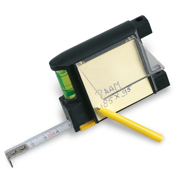 Flessometro (200 cm) con memo pad, penna a sfera e livella — gadget promozionale personalizzabile con il tuo logo