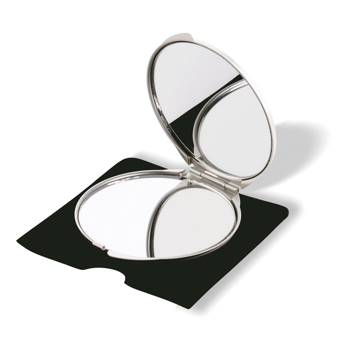 Specchietto in alluminio con riflesso normale ed ingrandito confezionato in astuccio di velluto — gadget promozionale personalizzabile con il tuo logo