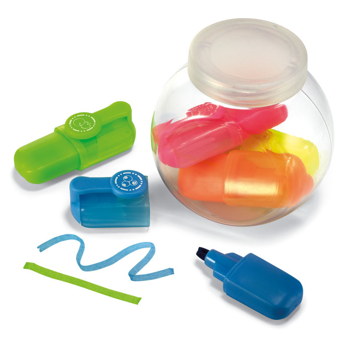 Set 5 evidenziatori (giallo, verde, azzurro, arancione e rosa) in contenitore a forma di boccia — gadget promozionale personalizzabile con il tuo logo