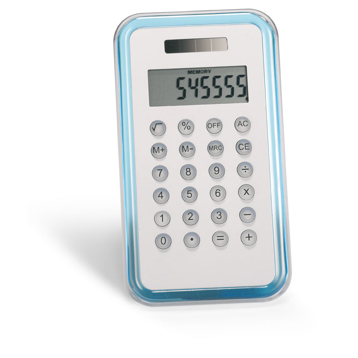 Calcolatrice 8 cifre ad alimentazione solare o con una pila bottone inclusa — gadget promozionale personalizzabile con il tuo logo