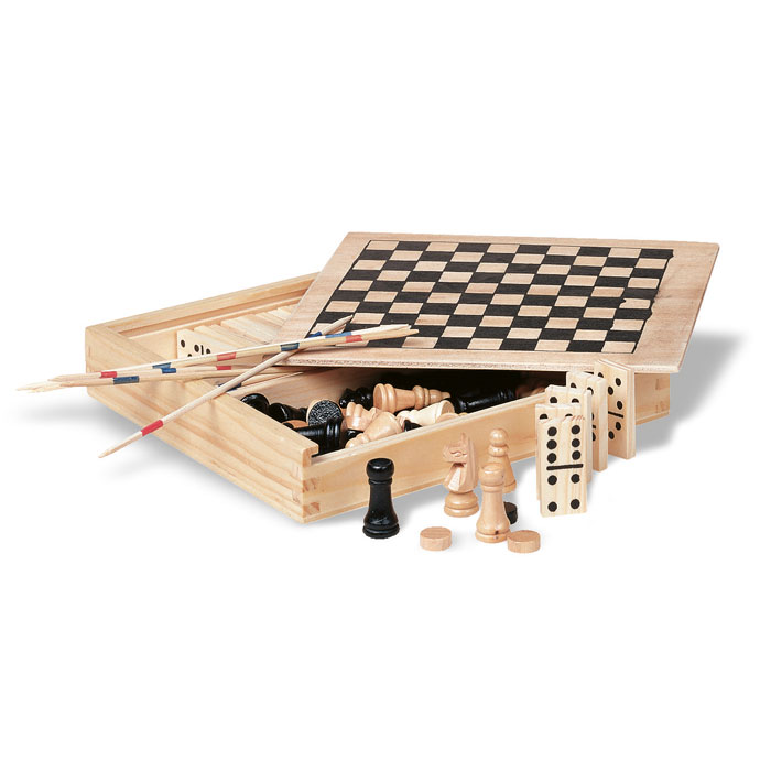 Set giochi 4in1 in legno — gadget promozionale personalizzabile con il tuo logo