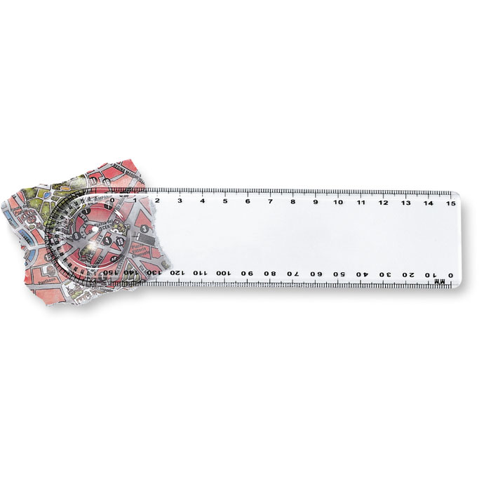 Righello (15 cm) trasparente con misuratore d'angoli e lente di ingrandimento — gadget promozionale personalizzabile con il tuo logo