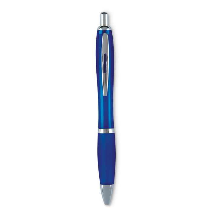 Penna a sfera a pulsante in ABS riciclato con impugnatura morbida — gadget promozionale personalizzabile con il tuo logo