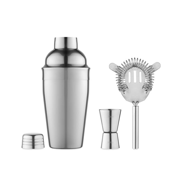 Set cocktail 3 pezzi in acciaio : uno shaker (50 cl), un misurino, un filtro — gadget promozionale personalizzabile con il tuo logo