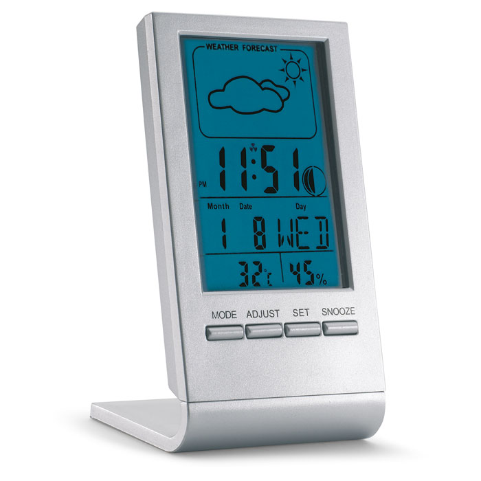 Stazione meteorologica digitale con display LCD in colore blu — gadget promozionale personalizzabile con il tuo logo