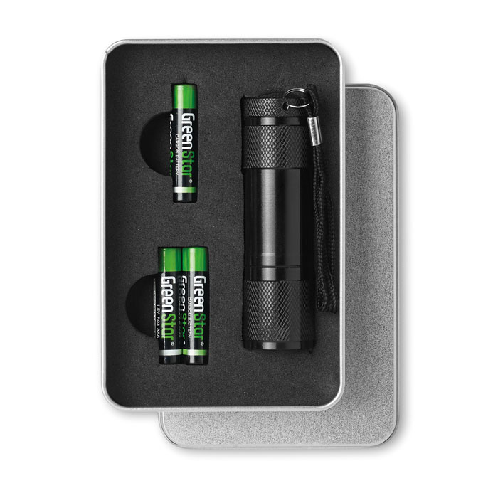 Torcia LED confezione latta — gadget promozionale personalizzabile con il tuo logo