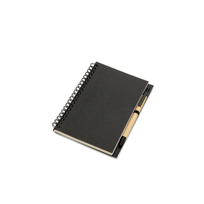 Notebook in carta riciclata con penna — gadget promozionale personalizzabile con il tuo logo