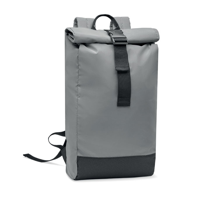 Zaino Rolltop riflettente — gadget promozionale personalizzabile con il tuo logo