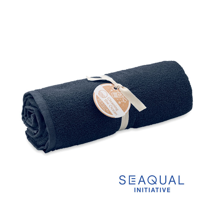 Telo da bagno o da spiaggia in tessuto riciclato eco jacquard — gadget promozionale personalizzabile con il tuo logo