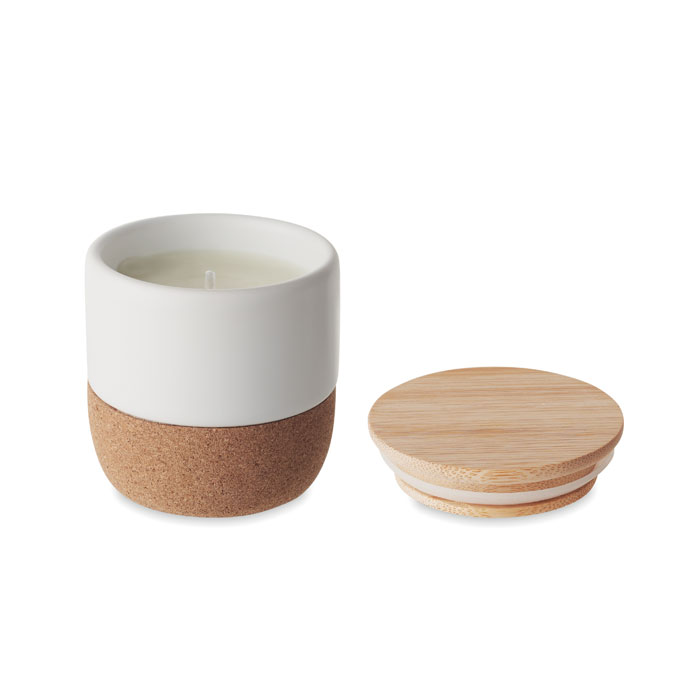 Candela profumata a base di cera vegetale in vaso di gres con coperchio in bamboo e base in sughero — gadget promozionale personalizzabile con il tuo logo