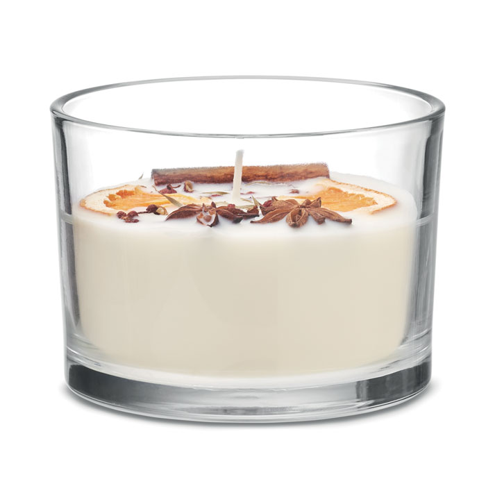 Candela in cera profumata a base di piante con fiori e frutti secchi in barattolo di vetro — gadget promozionale personalizzabile con il tuo logo