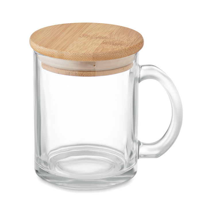 Tazza in vetro riciclato con coperchio in bamboo — gadget promozionale personalizzabile con il tuo logo