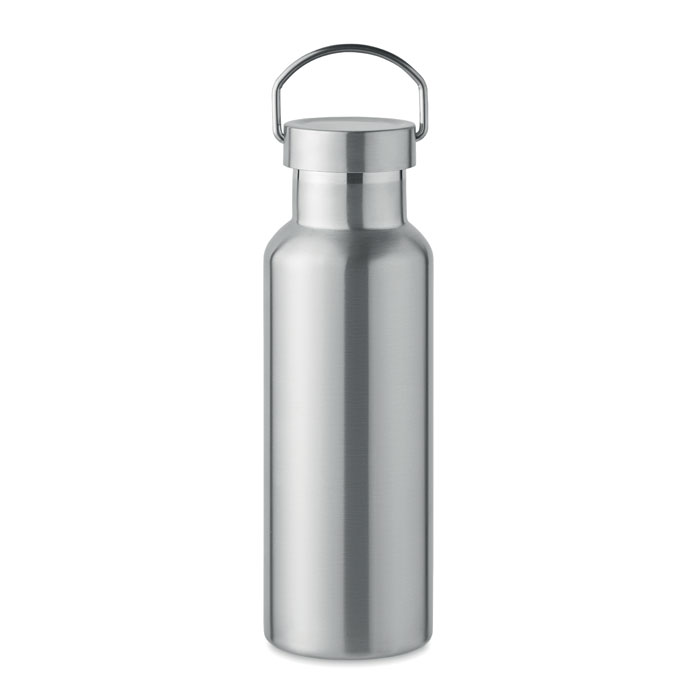 Bottiglia sottovuoto isolante a doppio strato in acciaio inox riciclato (90% acciaio inox riciclato e 10% acciaio inox) con coperchio con manico — gadget promozionale personalizzabile con il tuo logo