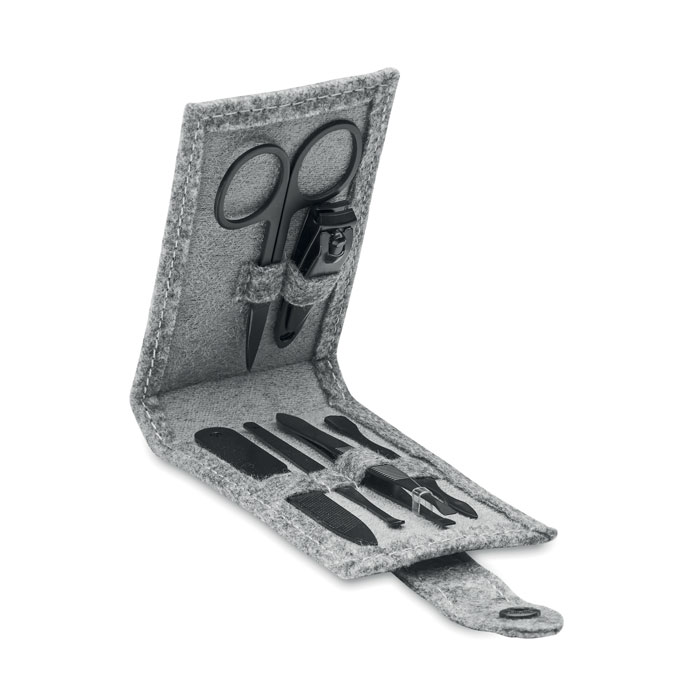 Set per manicure da 6 pezzi in acciaio inox in astuccio rettangolare in feltro RPET — gadget promozionale personalizzabile con il tuo logo