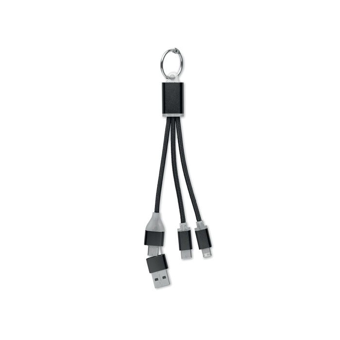Portachiavi con cavo di ricarica con ingresso: 2-in-1 tipo-C e tipo-A e micro-B (2 in 1 pin) e uscita tipo C — Tecnologia personalizzabile con il tuo logo