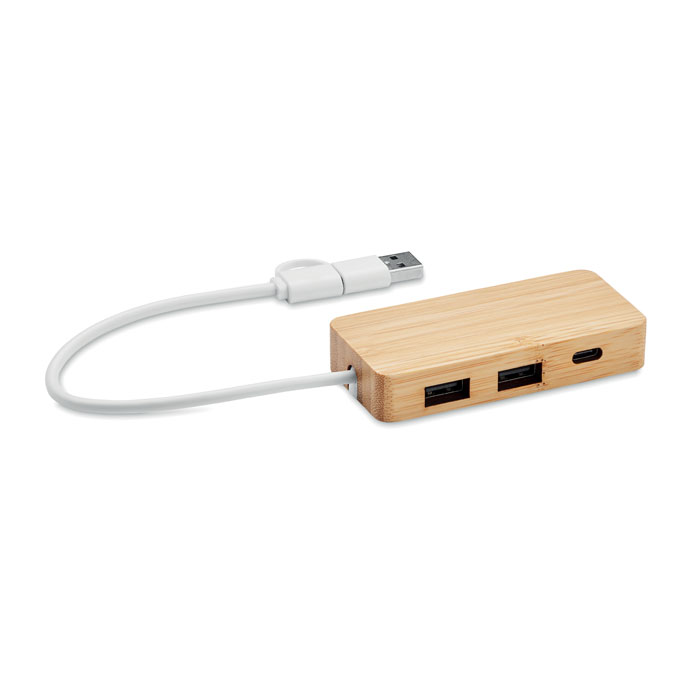 Hub USB a 3 porte in bamboo — gadget promozionale personalizzabile con il tuo logo