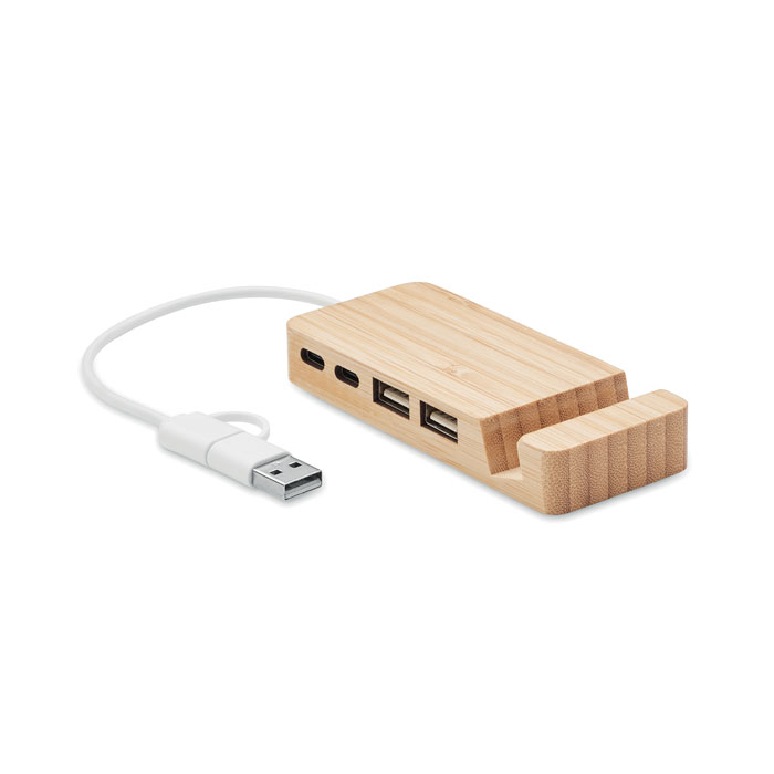 Hub USB a 4 porte in bamboo — gadget promozionale personalizzabile con il tuo logo