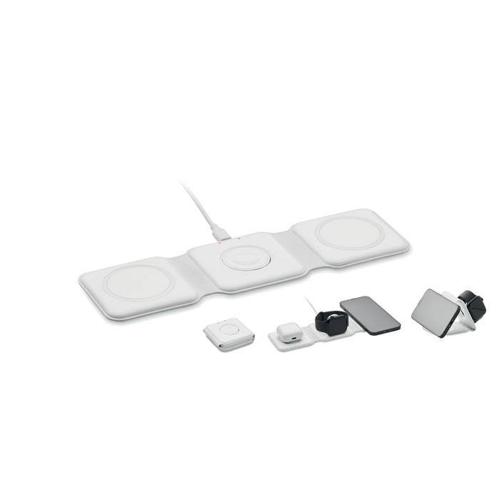 Base di ricarica pieghevole 3 in 1 in ABS con 3 punti di ricarica wireless — gadget promozionale personalizzabile con il tuo logo