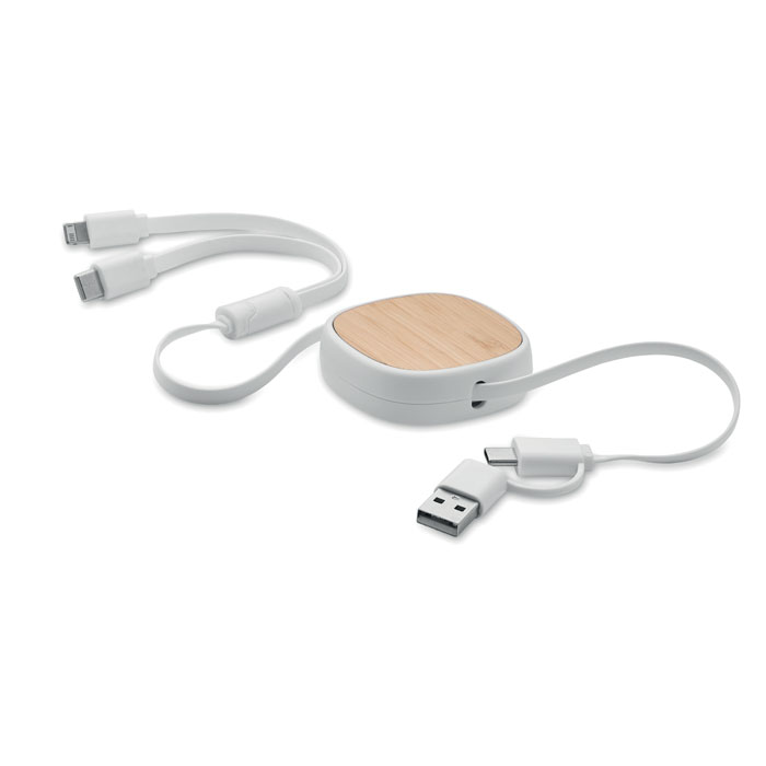 Cavo di ricarica multi USB retrattile in ABS con dettaglio superiore in bamboo — gadget promozionale personalizzabile con il tuo logo