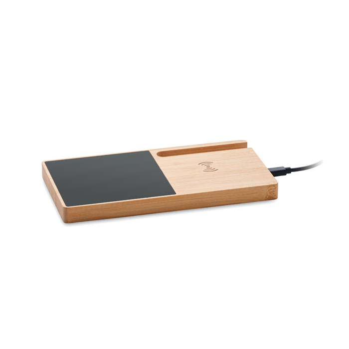 Caricabatterie wireless in bamboo con scaldatazza e portatelefono — gadget promozionale personalizzabile con il tuo logo