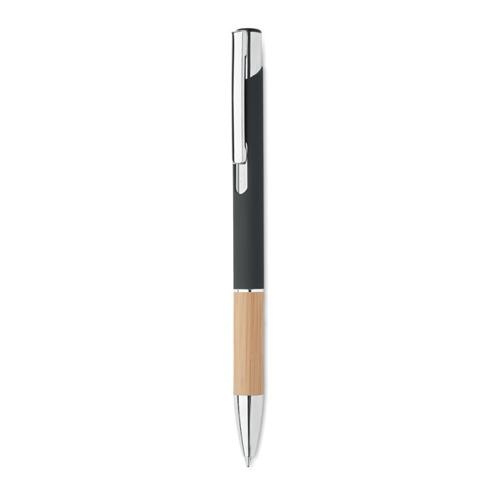 Penna a pulsante in alluminio con impugnatura in bamboo — gadget promozionale personalizzabile con il tuo logo