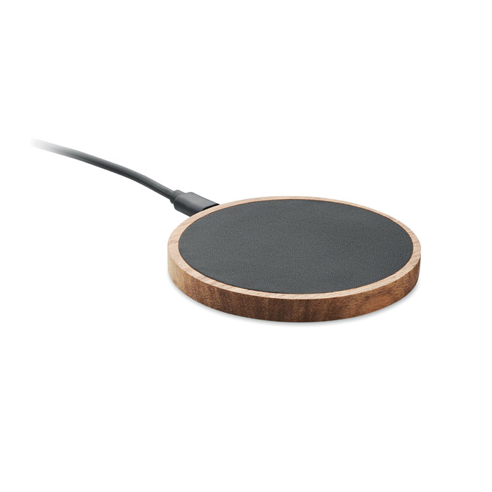 Caricatore wireless in legno di acacia e PU riciclato — gadget promozionale personalizzabile con il tuo logo