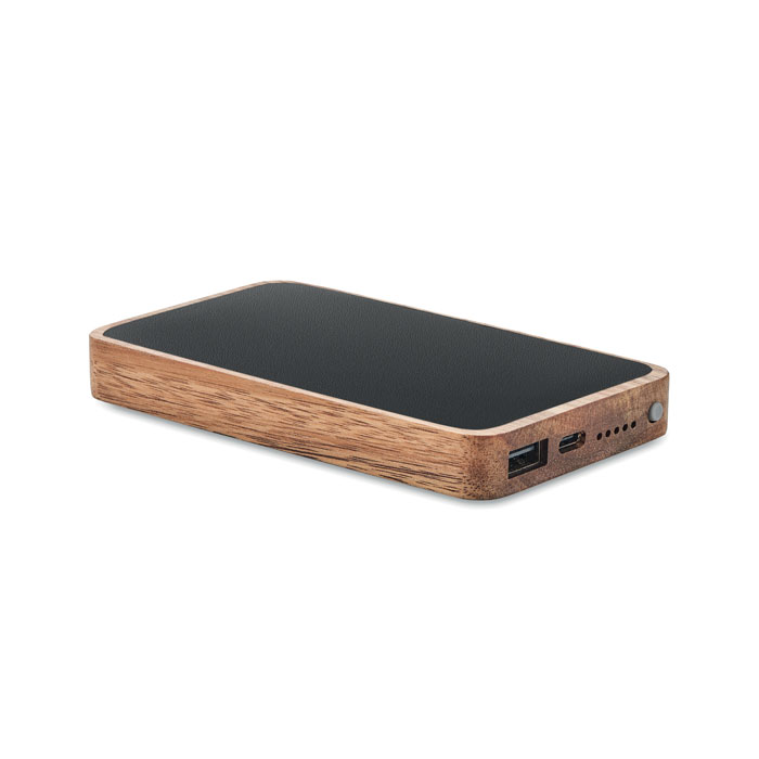 Ricarica wireless da 15W e power bank da 4000mAh con involucro in legno di acacia e PU riciclato — gadget promozionale personalizzabile con il tuo logo