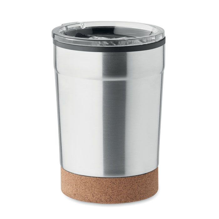 Bicchiere doppio strato in acciaio inox e interno in PP con base in sughero e foro di imboccatura scorrevole — gadget promozionale personalizzabile con il tuo logo