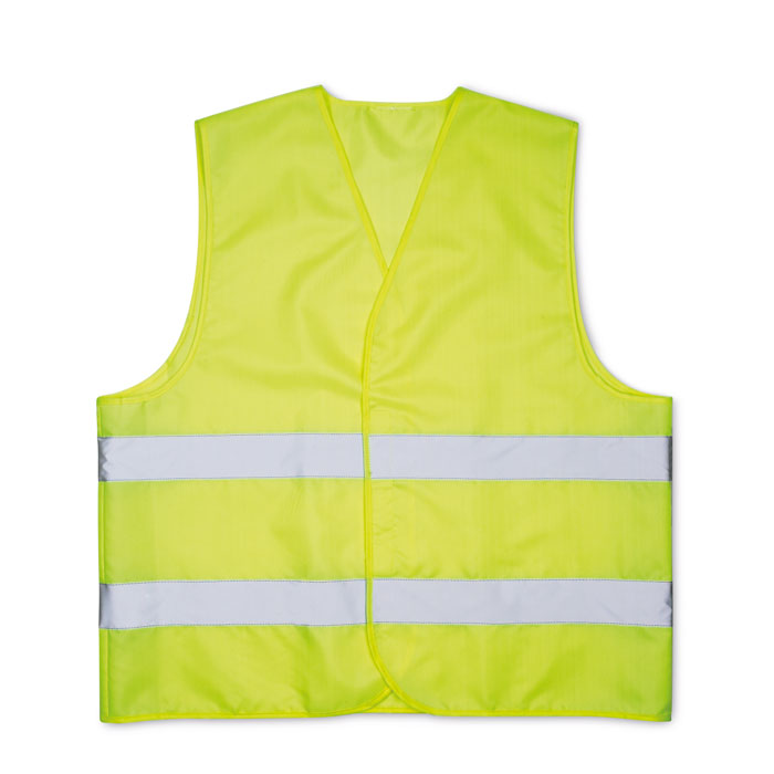 Gilet di sicurezza in 100% poliestere con nastro riflettente ad alta visibilità di Classe 2 — gadget promozionale personalizzabile con il tuo logo