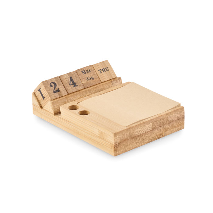 Calendario da tavolo in bambù con funzione di supporto per telefono, 2 portapenne e 50 fogli note adesive — gadget promozionale personalizzabile con il tuo logo